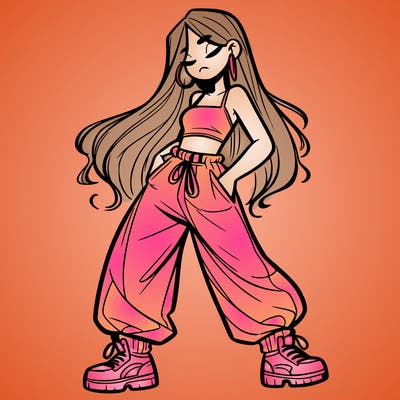 girl in baggy pants crop top and long hair