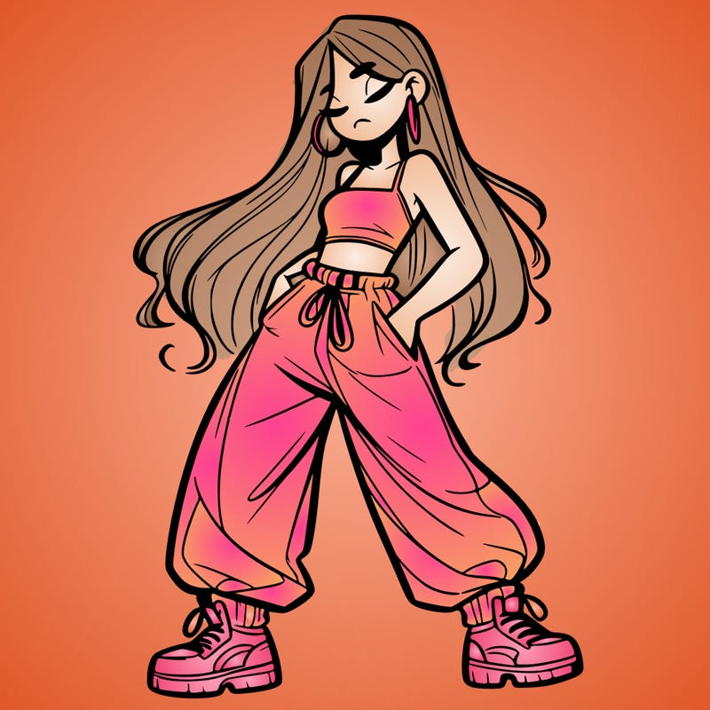 girl in baggy pants crop top and long hair