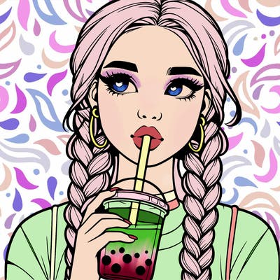 realistic girl with braided hair drinking boba