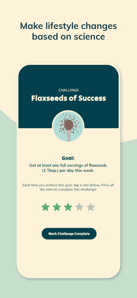 Heartful for Blood Pressure - Heartful app screen showing a weekly nutrition challenge for flaxseed consumption.