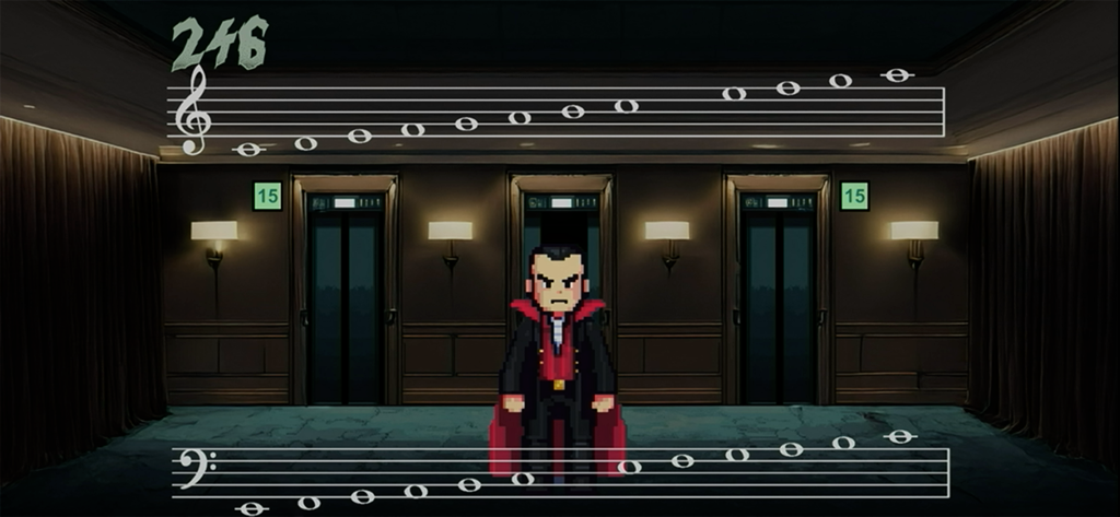 Music Monsters - Un personaje de Drácula estilo pixel art en un pasillo de hotel embrujado con pentagramas y ascensores