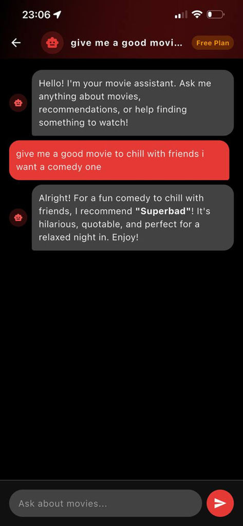 Chat interface showing the Rodjo AI movie assistant providing a comedy film recommendation