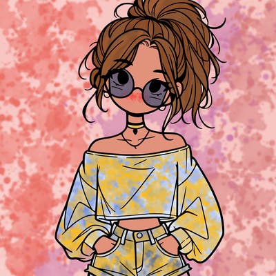 girl with a messy ponytail glasses a baggy crop top and jean shorts