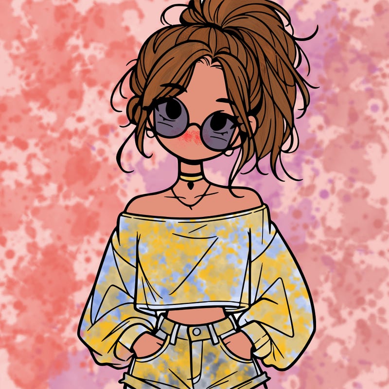 girl with a messy ponytail glasses a baggy crop top and jean shorts