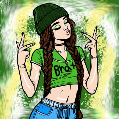 realistic teenage girl with braids and a beanie and crop top doing 🫶🏼