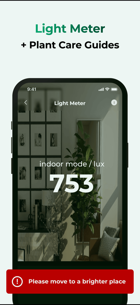 Plant Care: Plantingo - Medidor de luz de la aplicación Plantingo midiendo lux de interior para un cuidado óptimo de las plantas.