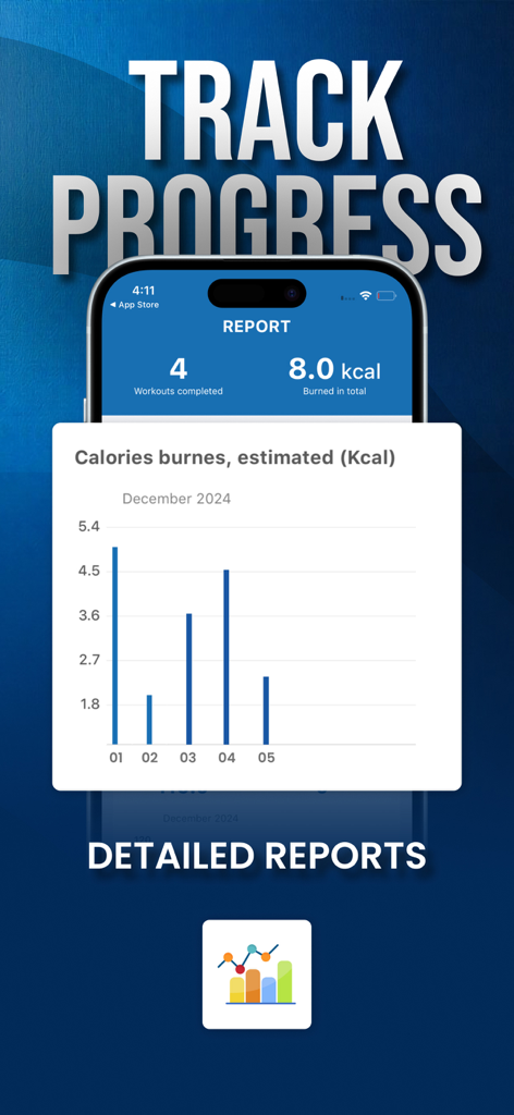 Screenshot of the Marathon Training app showing a detailed report with a calories burned bar chart and workout statistics.