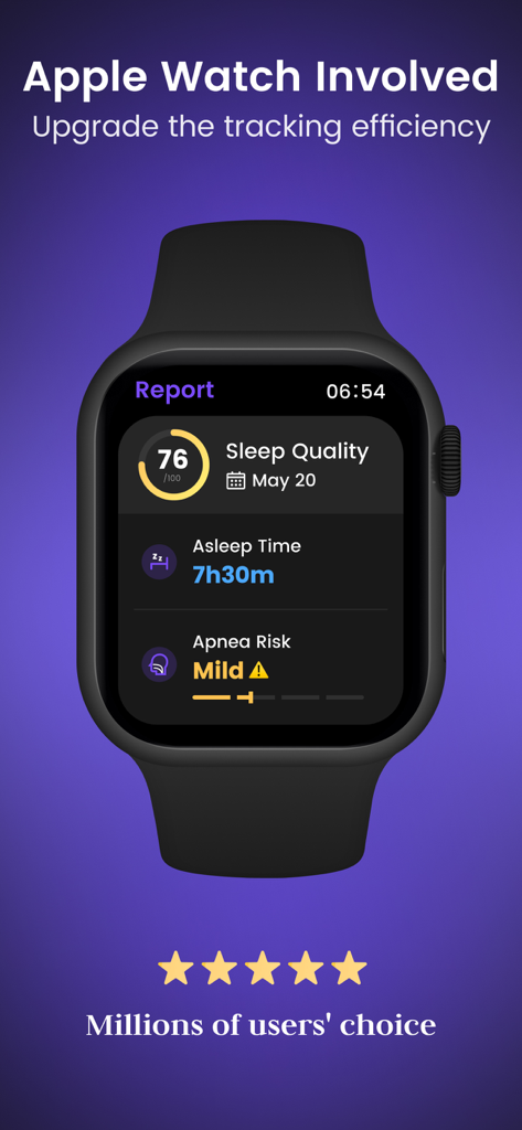 Mintal Tracker sleep report on Apple Watch showing sleep quality score and apnea risk