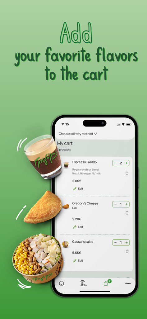 Gregory’s eorder - Gregorys eorder app interface showing a shopping cart with coffee cheese pie and salad