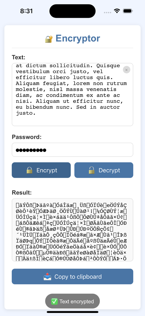 La interfaz de la aplicación Encriptador mostrando un bloque de texto cifrado en texto cifrado con una contraseña.