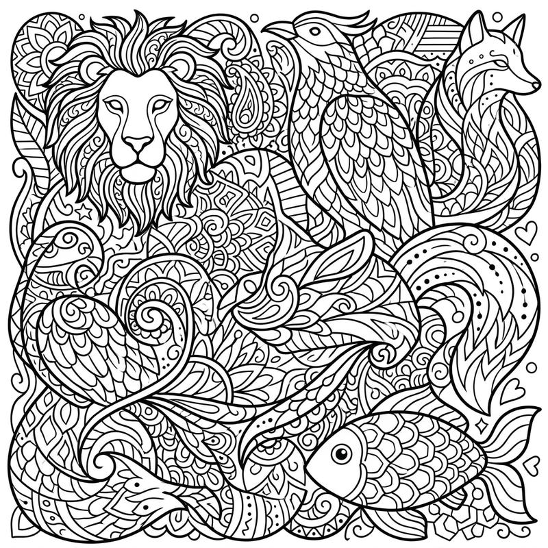 Explore a stunning collection of abstract animal forms, where majestic creatures are artfully blended with intricate patterns in a captivating design. This detailed coloring page offers a unique artistic challenge and a peaceful escape for coloring enthusiasts.