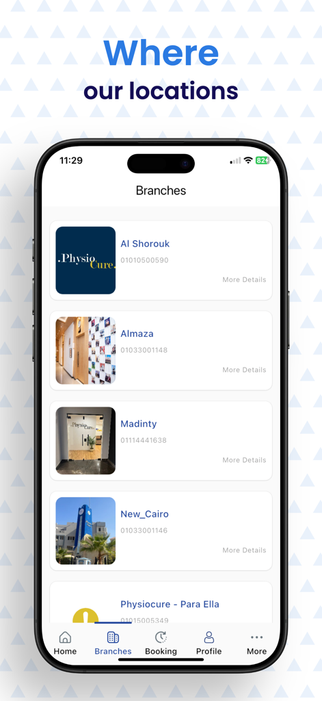 Physio Cure - Una lista de sucursales de clínicas Physio Cure mostrando nombres de ubicaciones y números de contacto.