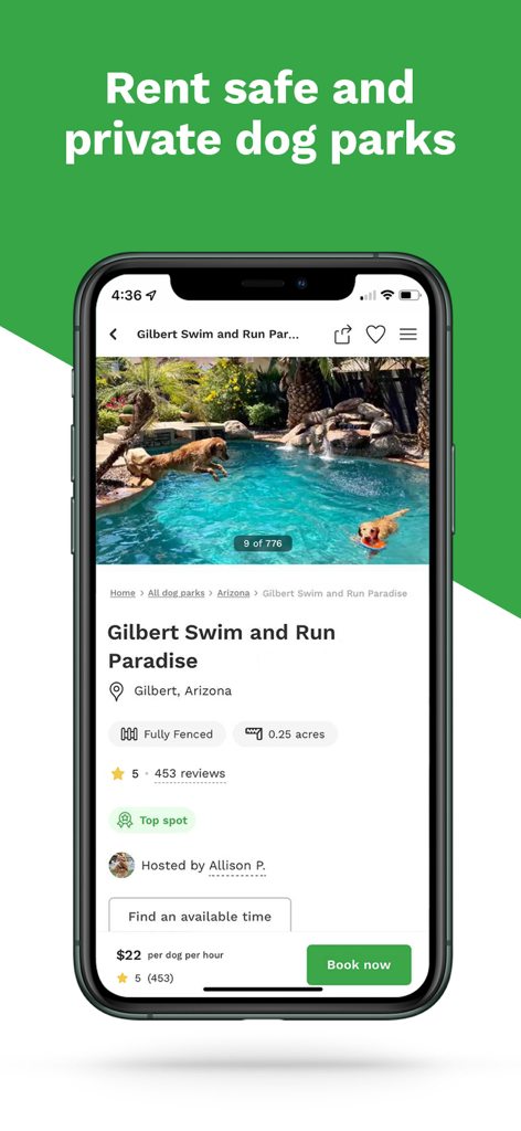 Sniffspot - Private Dog Parks - アリゾナのプライベートドッグパークのリスティングを示すSniffspotアプリ画面。スイミングプールがあり、犬が水に飛び込んでいる。