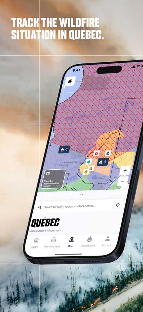 A map of Quebec in the La SOPFEU app displaying wildfire risk levels and active fires.