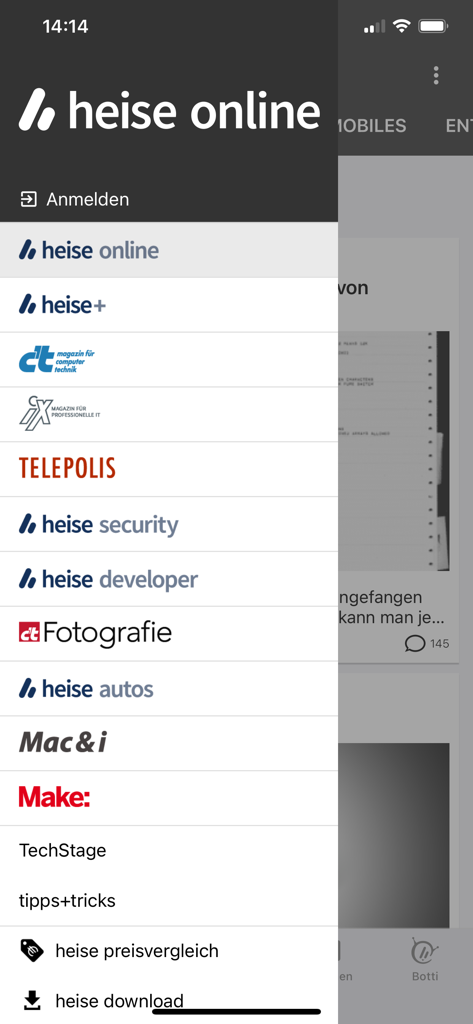 Das Seitenleisten-Navigationsmenü der heise online IT-Nachrichten-App