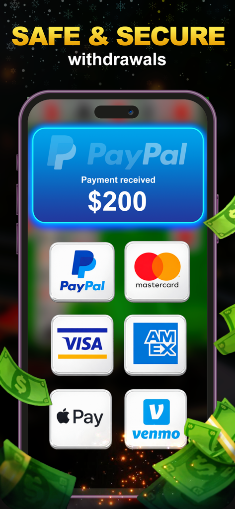 A mobile screen showing safe and secure withdrawal options for Solitaire Legends including PayPal, Visa, and Apple Pay.