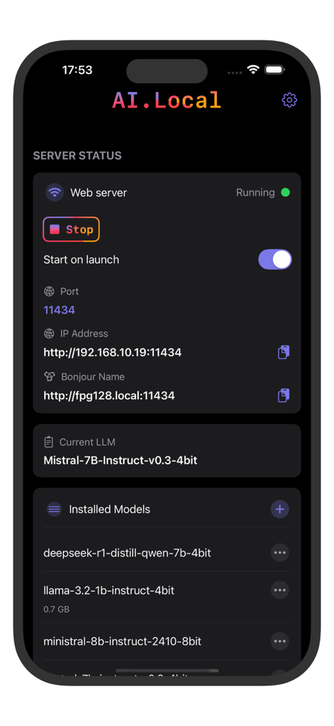 ai.local - Screenshot of the ai.local app displaying server status details and a list of installed LLM models like Mistral and Llama.
