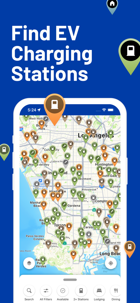 PlugShare mobile app interface showing a map of Los Angeles with numerous EV charging station pins