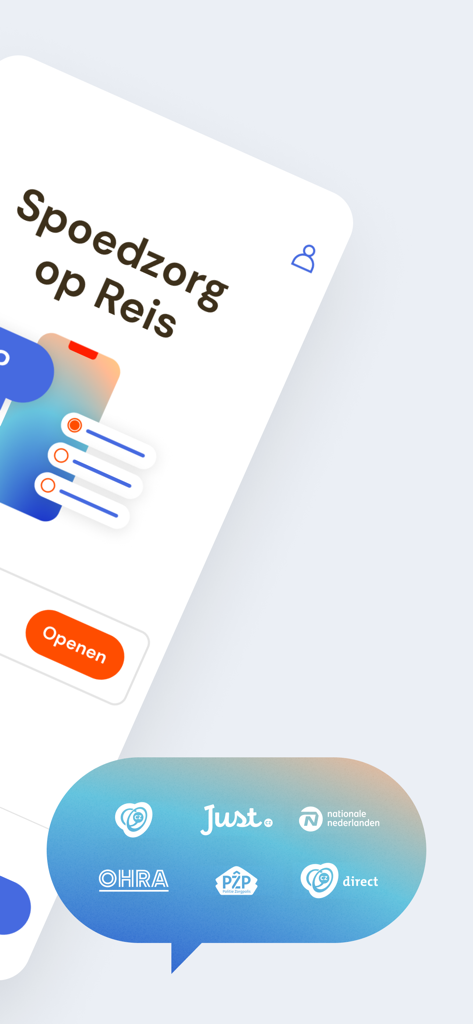 Spoedzorg op reis - 旅行中の緊急医療支援のためのSpoedzorg op reisアプリのインターフェース。保険提携先のロゴが表示されています。