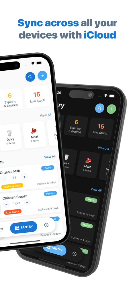 Pantry Inventory - Panzy - Dos iPhones mostrando la interfaz de la aplicación Panzy en modo claro y oscuro resaltando la sincronización de iCloud.