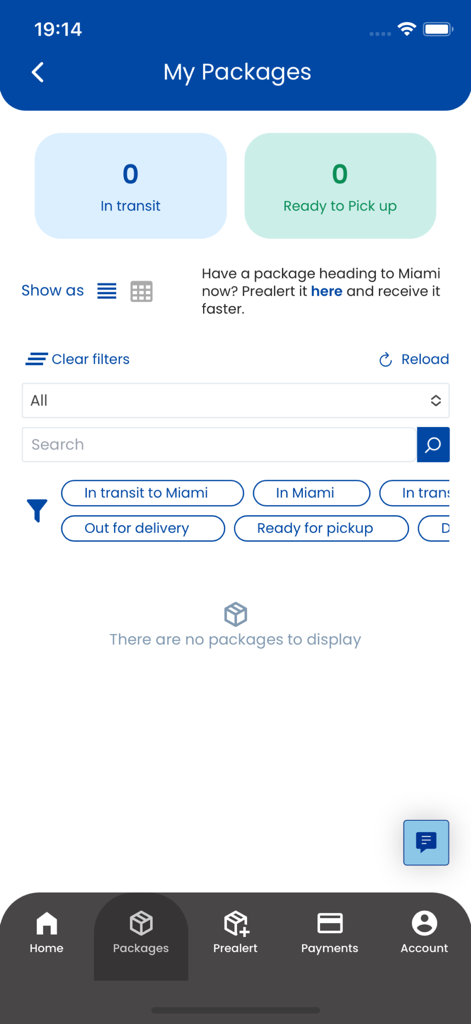 Aeropost - Interfaz de la aplicación móvil Aeropost que muestra la pantalla Mis Paquetes con el estado de seguimiento del paquete y opciones de filtrado