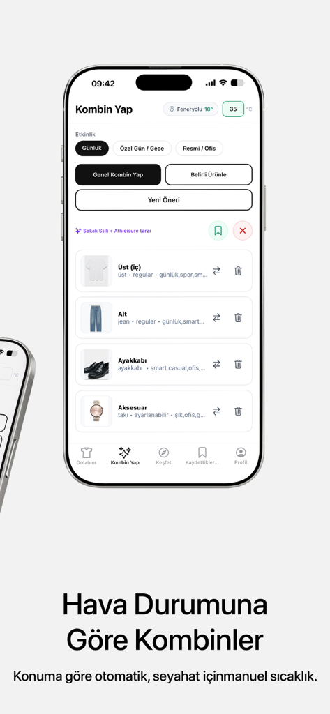 Sylora: AI Outfit Planner - Sylora mobile app interface showing AI outfit suggestions based on local weather and location