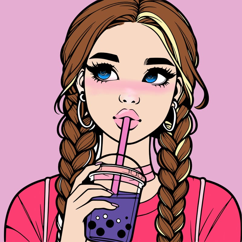 realistic girl with braided hair drinking boba