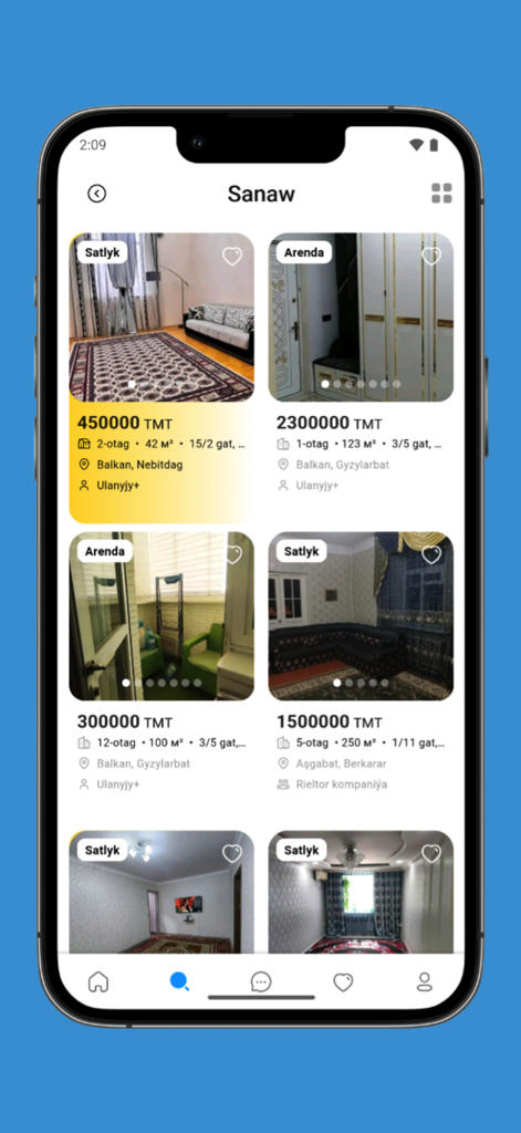Jaý Tap - A mobile interface of the Jay Tap app displaying real estate listings in Turkmenistan with prices and property details