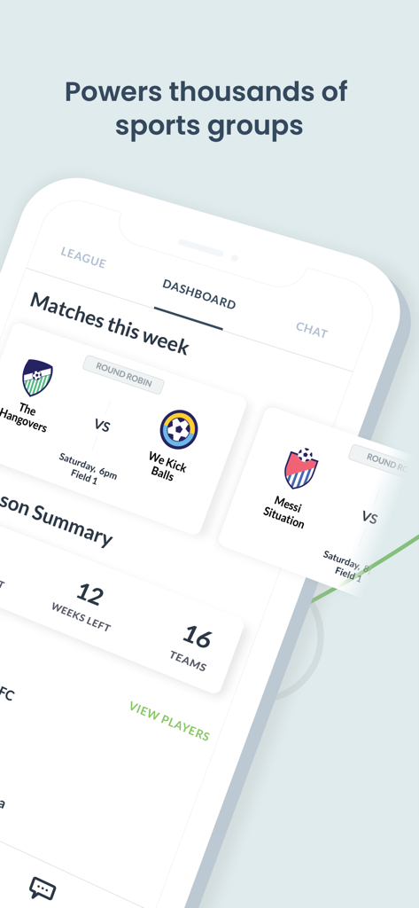Painel do aplicativo OpenSports mostrando as próximas partidas de futebol e o resumo da temporada da liga
