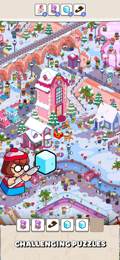 A winter themed level in Where Is Find Hidden Objects showing hidden items and a match tray