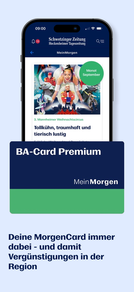 BA News - Captura de tela do aplicativo BA News mostrando o cartão digital BA-Card Premium para descontos locais e artigos de notícias.