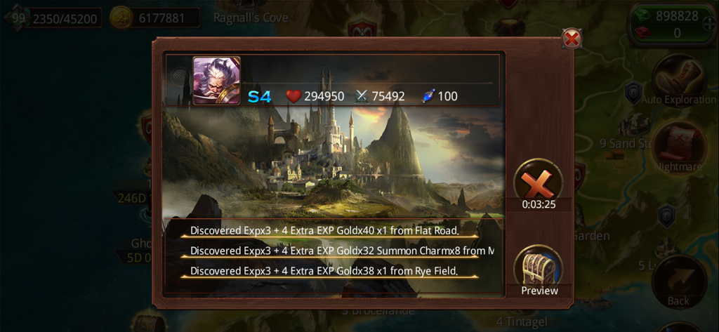 Heroes of Camelot - A gameplay screenshot of Heroes of Camelot showing an exploration rewards pop-up with character stats and gold findings over a fantasy world map.