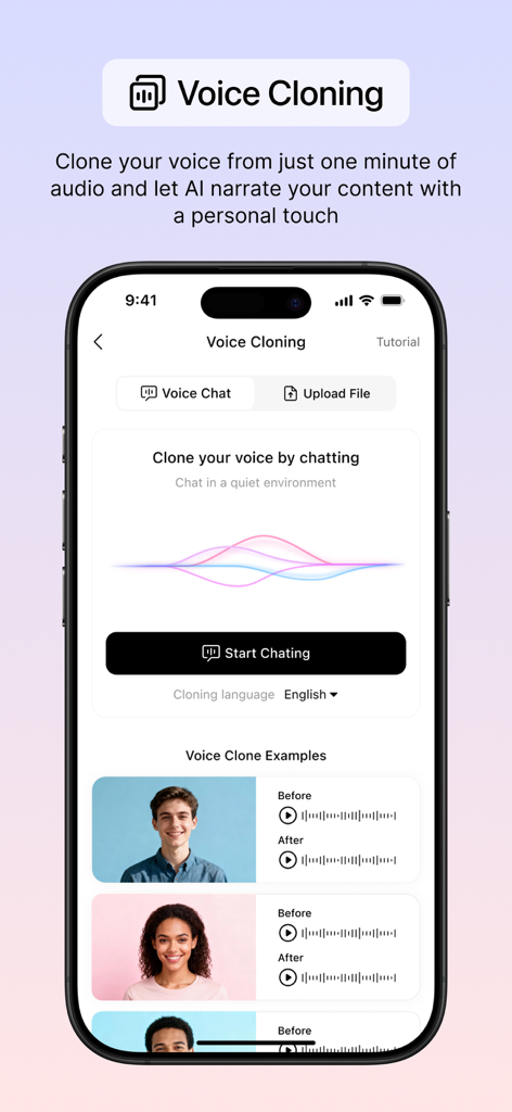 Mobile interface of the ListenHub AI app showing the voice cloning feature with voice chat options and audio examples.