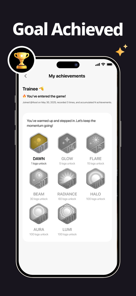 La pantalla de logros de la aplicación CalBye que muestra insignias hexagonales desbloqueadas y bloqueadas para hitos de registro de alimentos.