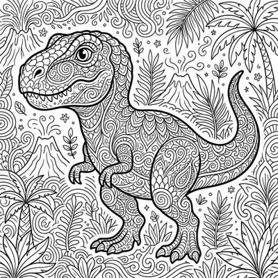 Dive into a prehistoric world of detail with this captivating adult coloring page featuring a charming juvenile T-Rex. Its intricate patterns and lush jungle setting offer a perfect escape for mindful coloring enthusiasts.