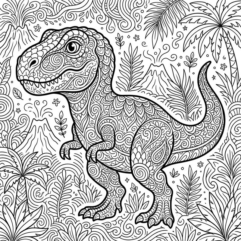 Dive into a prehistoric world of detail with this captivating adult coloring page featuring a charming juvenile T-Rex. Its intricate patterns and lush jungle setting offer a perfect escape for mindful coloring enthusiasts.