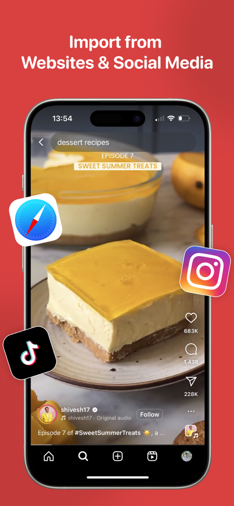 Recipe Saver: Recipes Manager - iPhone showing the Recipe Saver app importing a dessert recipe from social media platforms like Instagram and TikTok.