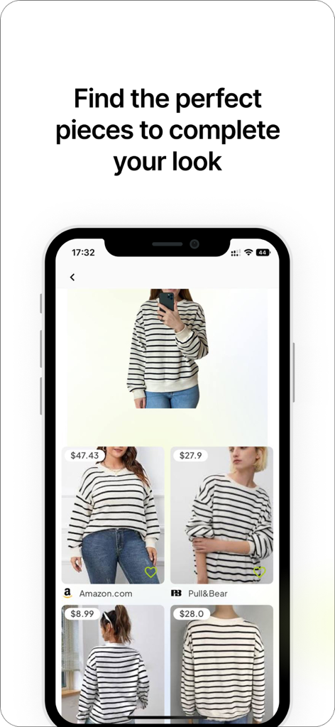 Sparkly app interface showing AI recommendations for similar clothing items from online stores