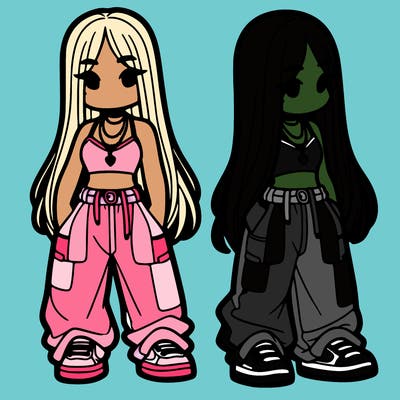 girl in baggy pants crop top and long hair