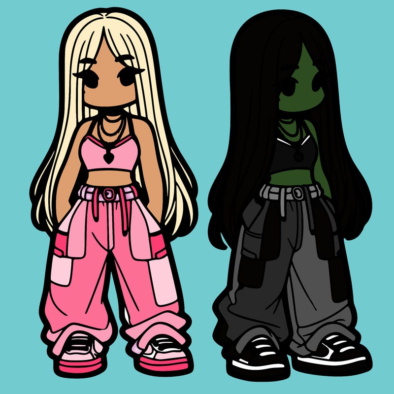 girl in baggy pants crop top and long hair