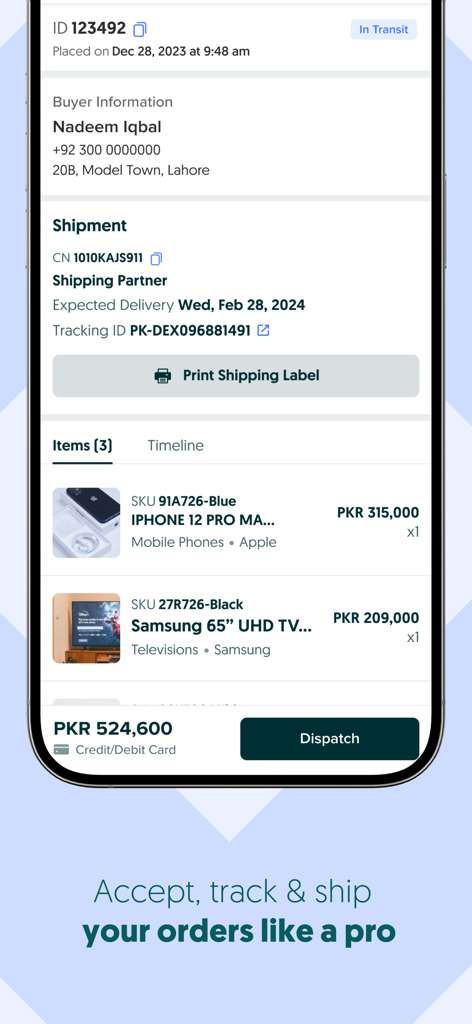 Eine mobile Oberfläche der OLX Pakistan Seller Center App zeigt Bestelldetails, Versandstatus und eine Option zum Drucken von Versandetiketten.