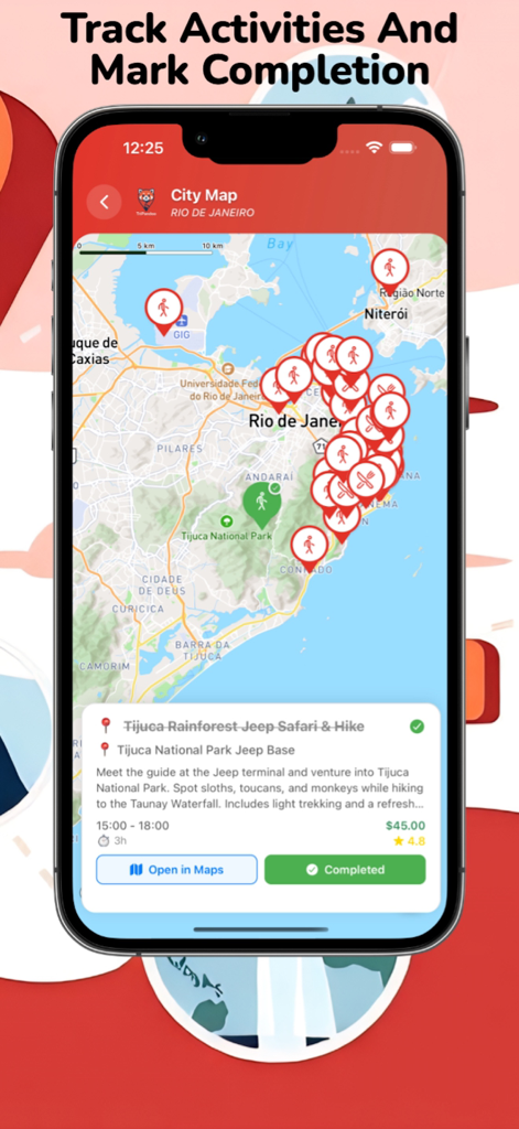 Tripandoo: Smart Trip Planner - Tripandoo App-Oberfläche zeigt eine interaktive Stadtkarte von Rio de Janeiro mit Aktivitätsmarkierungen und einer detaillierten Reisekartenkarte für eine Regenwald-Safari.