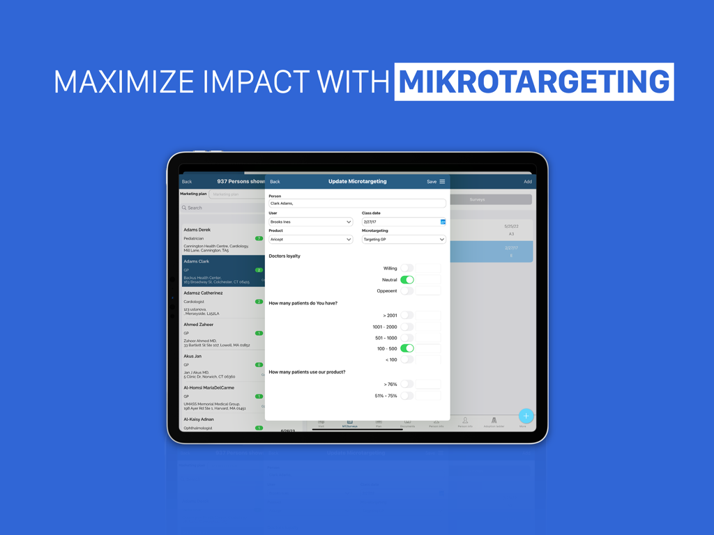 Sales Vision Next CRM Pharma - Microtargeting feature on the Sales Vision Next CRM Pharma iPad app showing doctor loyalty and patient metrics