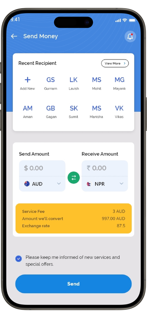 Interfaccia dell'app mobile Nepal Paisa per l'invio di denaro da AUD a NPR che mostra tassi di cambio e destinatari.