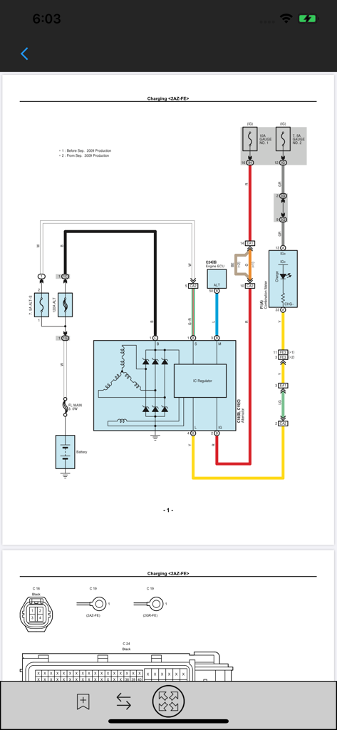 Automotive electrical wiring diagram for a vehicle charging system displayed in the Carmin app.