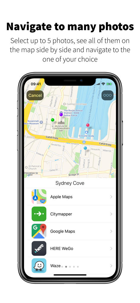 Vista de mapa en la aplicación Navegar a la Foto que muestra múltiples pines y una lista de opciones de navegación como Google Maps y Waze.