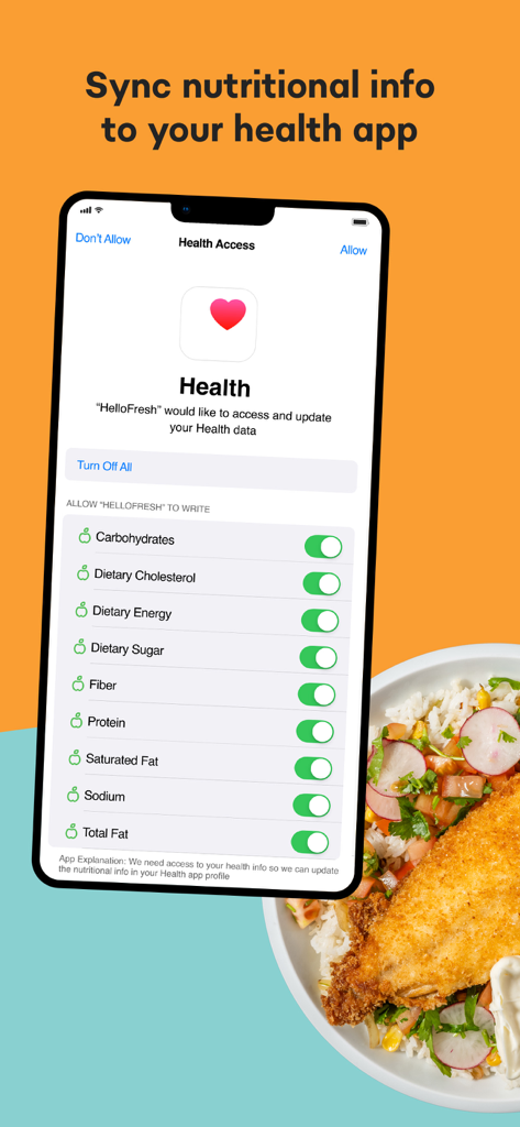 EveryPlate app interface for syncing nutritional data with a smartphone health application