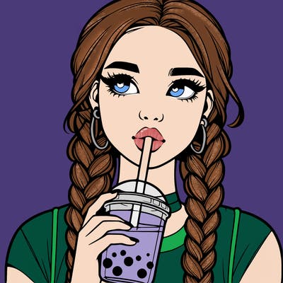 realistic girl with braided hair drinking boba
