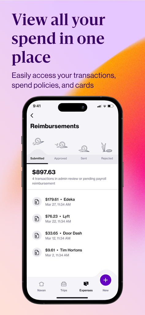 A smartphone showing the Navan app's reimbursements screen with a list of submitted transactions for vendors like Lyft and DoorDash