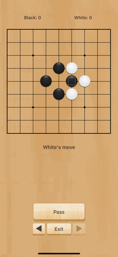 Go: Board Game - Uma interface minimalista de jogo de tabuleiro Go de 9x9 com pedras pretas e brancas em um fundo texturizado de madeira.